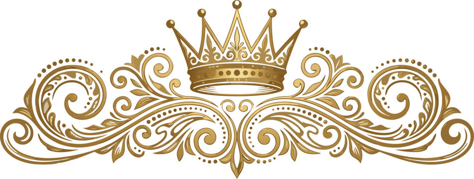 Elegant Gold Royal Crown Illustration With Decorative Floral Filigree Ornaments and Luxury Vintage Swirl Designs