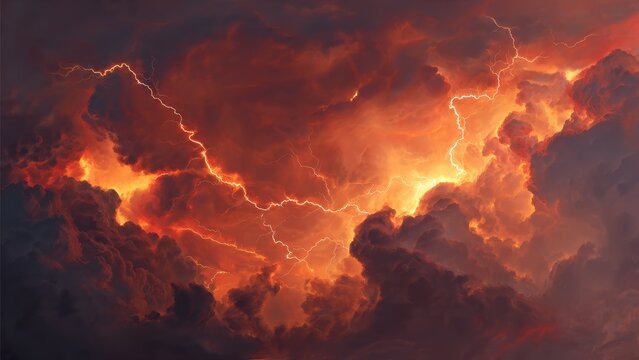 Dramatic fiery red storm clouds with bright lightning strikes illuminating the turbulent atmosphere