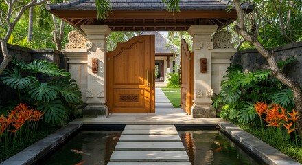 Fototapeta premium Elegant Balinese-style entrance with a grand wooden gate, stone pillars, lush tropical plants, vibrant orange flowers, and a serene pond with stepping stones.