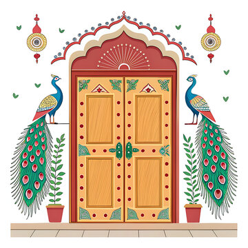 Traditional Indian door with peacock motifs, simplified vector style, vibrant accents