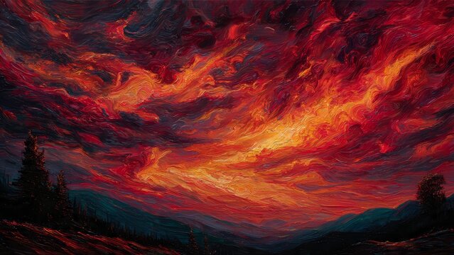 Fiery sky with swirling clouds over rolling hills and silhouetted trees