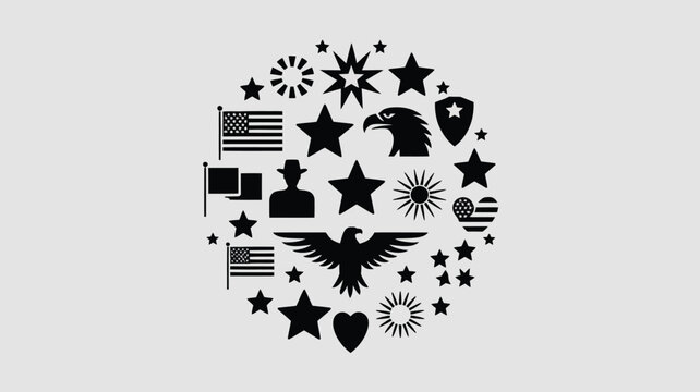 Montage of american patriotic symbols and icons arranged in a circular graphic design featuring stars flags eagles shields and cowboy silhouettes against a neutral background