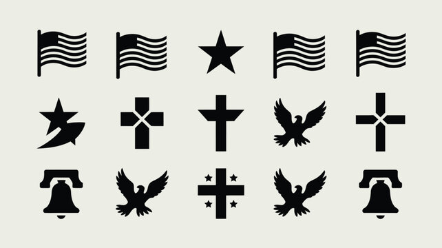 Collection of american patriotic and religious symbols including waving flags stars crosses eagles and liberty bells presented in a clean minimalist icon set on a neutral