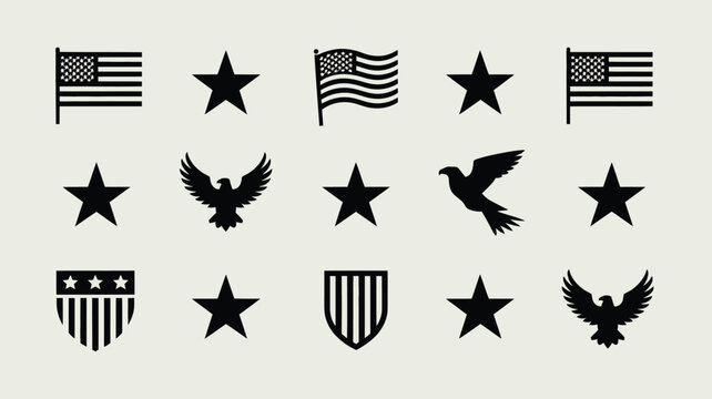 Collection of american patriotic symbols and icons including waving flags stars eagles and shields in a clean minimalist graphic design with a neutral background perfect