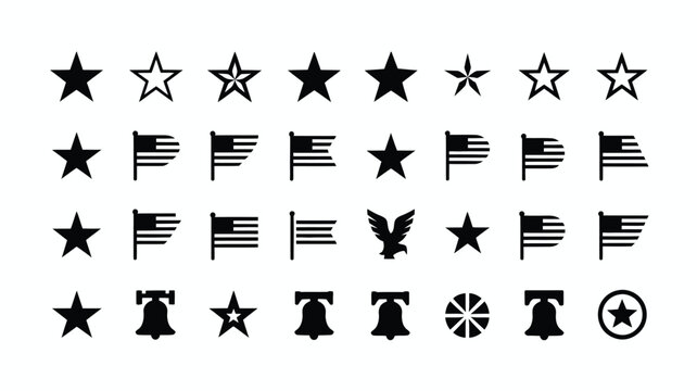 Collection of american patriotic symbols and icons in a clean minimalist flat design style featuring stars us flags eagles and liberty bells arranged on a white background