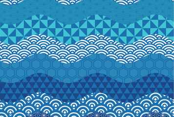 Plakat Traditional Japanese Wave Pattern with Geometric Blue Shapes
