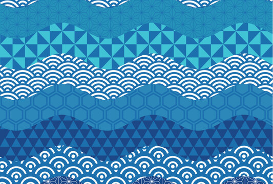 Traditional Japanese Wave Pattern with Geometric Blue Shapes