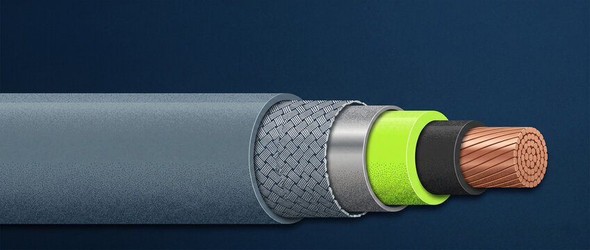 HVDC sub-sea power cable cross section and underwater energy interlink infrastructure illustration featuring multi-layer insulation and offshore wind grid technology no text