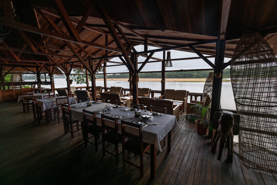 Lounge area of the Doli Lodge overlooking the Sangha river, near Bayanga, in the Central African Republic