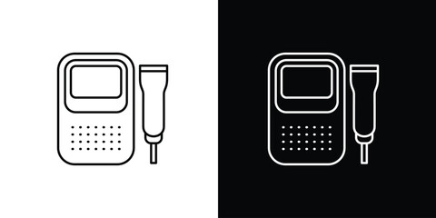 Single icon of medical equipment line art, consisting of a handheld device and probe, presented on contrasting backgrounds © Tifany