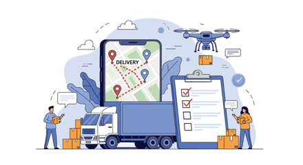 Fototapeta premium Logistics service concept showing large delivery truck, warehouse staff with boxes, drone delivery, and shipping tracking on smartphone.