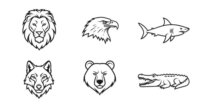Black and white animal illustrations featuring lion eagle shark wolf bear and alligator