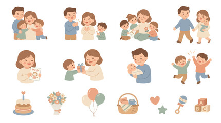 Fototapeta premium Cute Flat Illustration Set: Happy Family, Parenting, Childhood, and Celebration Moments
