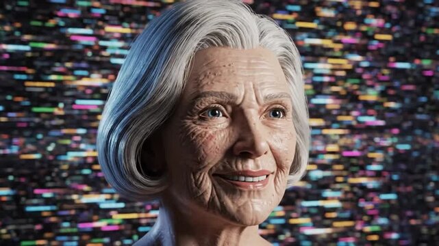 Digital human head animation shows details on colorful noisy background with realistic features and expressions at a close view