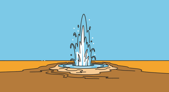 Cartoon geyser erupting water outdoors against clear blue sky