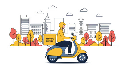 Naklejka premium Food delivery courier riding a yellow scooter through a scenic city park with colorful autumn trees and a skyline.