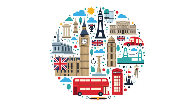 Circular collection of famous London landmarks and cultural symbols including Big Ben, Tower Bridge, and a red bus.