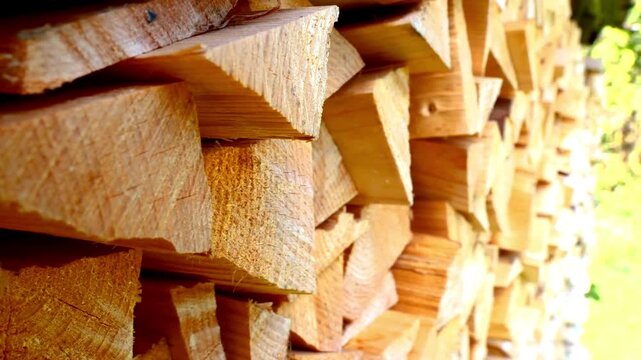 Freshly stacked firewood. Various materials from wood of different diameters.  Concept of wood, renewable energy natural resources. Country life.