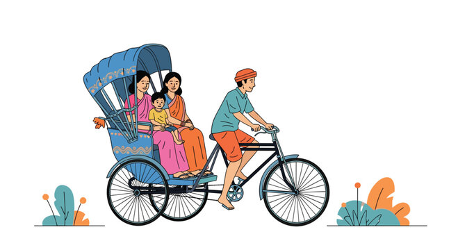 Traditional cycle rickshaw driver in orange clothing transporting a family of three through a garden setting.