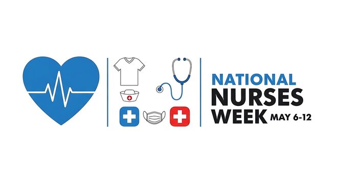 National nurses week graphic with heart and medical symbols on white background