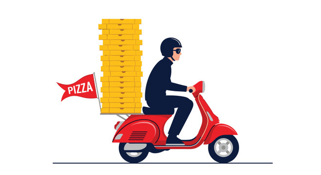 Fast pizza delivery concept featuring courier riding red scooter with high stack of pizza boxes and red flag for branding.