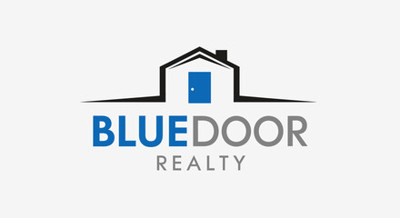 Fototapeta premium Modern blue door realty logo design on white background with minimalist style