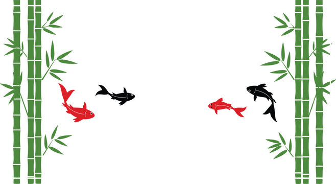 Set of Bamboo Stems with Black and Red Fish Swimming Between for Japanese Garden, Nature, and Zen Concepts in Vector Design
