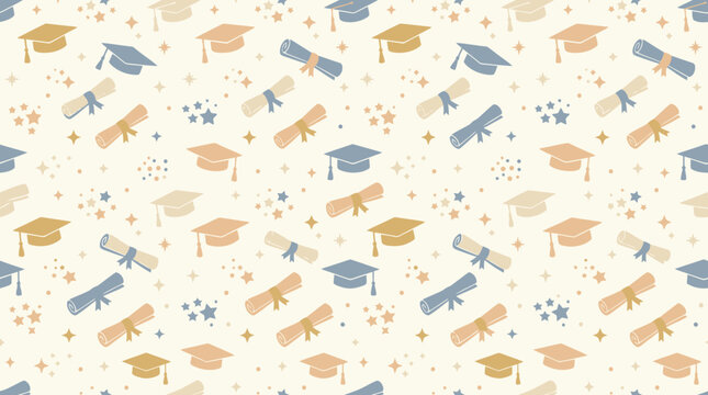 Graduation Caps and Scrolls Seamless Pattern, Flat Design, Education