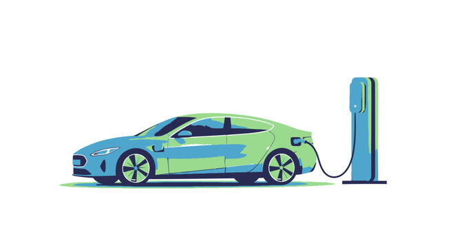 Modern electric car charging with plug connected to eco vehicle, clean energy transportation concept for sustainable mobility, green technology and future automotive industry