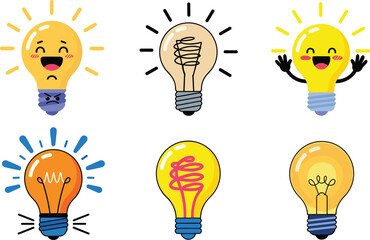 Light Bulb Vector Set with Six Cartoon Designs, Creative Idea Icons, Expressive Happy and Glowing Bulbs, Innovation and Energy Illustration, Playful Concept Elements for Digital Media © Sanjida