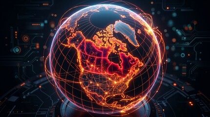 Fototapeta premium High tech glowing earth highlighting Canada with orange cyber network lines and grid