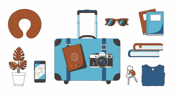 Travel suitcase illustration with camera, passport and accessories, modern tourism concept for vacation planning, adventure trips and holiday branding designs