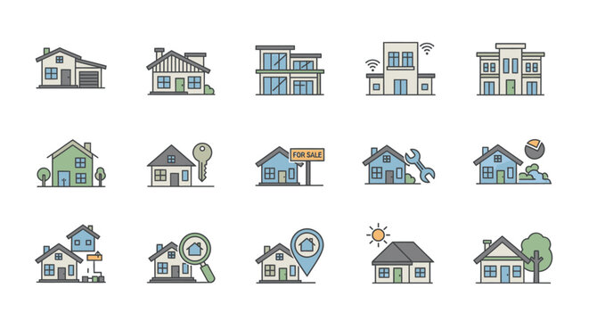 Residential house icon collection with modern homes and buildings in flat style, clean real estate illustration set for property listings, architecture branding and housing projects