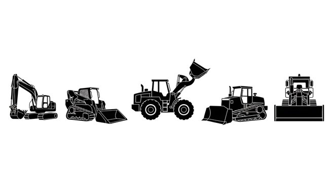 Heavy construction equipment silhouettes line.