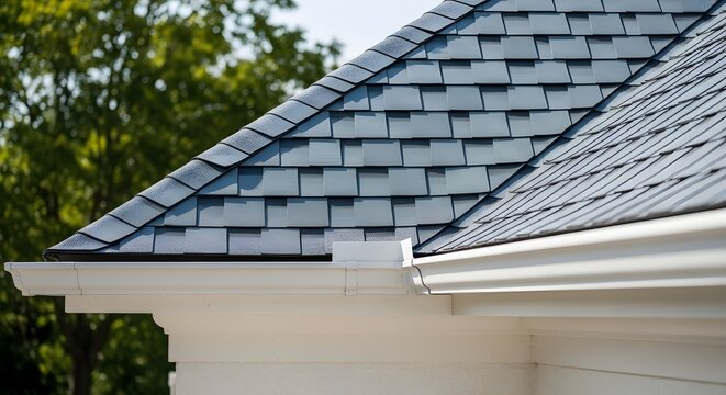 Close-up view of a residential house roof with dark grey shingles and a white gutter system under a clear sky.