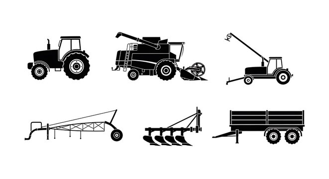 Tractors and farming equipment icons.
