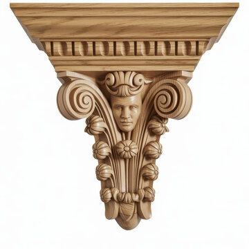 Ornate wooden corbel featuring a carved human face and floral details on a white background