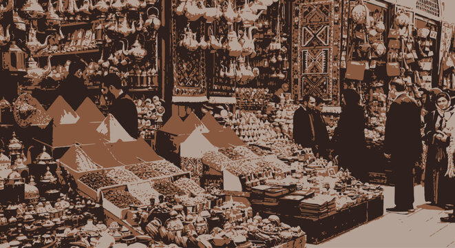 Vintage oriental market scene with traditional carpets, antiques and warm sepia tones, cultural bazaar illustration for travel storytelling, heritage branding and historical design projects