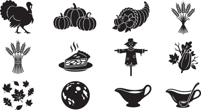 Set of black silhouette for thanksgiving, featuring a turkey, pumpkins, cornucopia, wheat sheaves, a slice of pumpkin pie, a scarecrow, autumn leaves, a full moon, and gravy boats