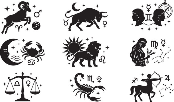 Set of nine black silhouette zodiac signs featuring aries, taurus, gemini, cancer, leo, virgo, libra, scorpio, and sagittarius with celestial symbols, stars, planets, and constellations