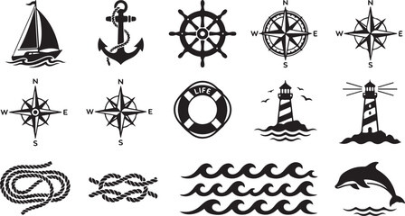 Set of black and white nautical featuring a sailboat, ship anchor, steering wheel, compass roses, life buoy, lighthouses, coiled rope, sailor knot, ocean waves, and a jumping dolphin © MdAbu