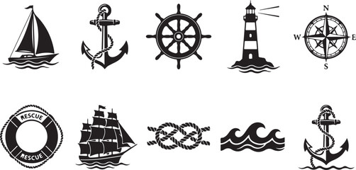 Set of black and white nautical featuring a sailboat, ship anchor with rope, ship wheel, lighthouse, compass rose, lifebuoy, tall ship, sailor knot, and ocean waves on white background © MdAbu