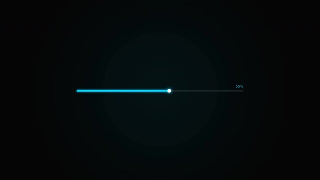 Digital progress bar advancing with neon blue glow on minimalist dark background in cinematic tech aesthetic for software interface presentations
