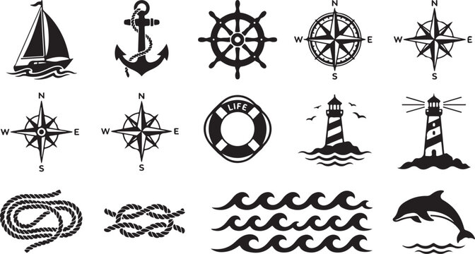 Set of black and white nautical featuring a sailboat, ship anchor, steering wheel, compass roses, life buoy, lighthouses, coiled rope, sailor knot, ocean waves, and a jumping dolphin