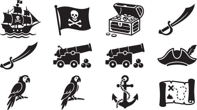 Set of black and white pirate featuring a galleon ship, skull and crossbones flag, treasure chest, cutlass swords, cannons with cannonballs, tricorn hat, parrots, anchor, and treasure map