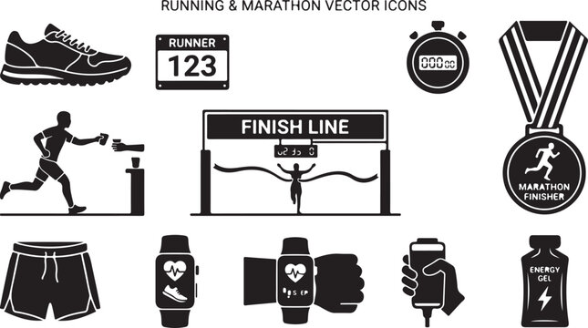 Set of black and white running and marathon featuring a running shoe, race bib, stopwatch, finish line, finisher medal, athletic shorts, smartwatch, and energy gel packets