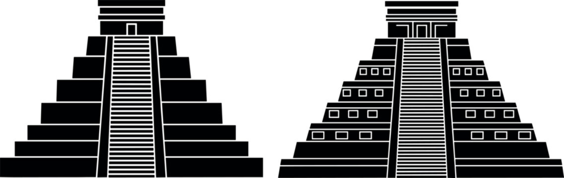 Mayan Pyramid Vector Set with Chichen Itza Temple Silhouette and Detailed Step Architecture for History, Travel and Cultural Designs