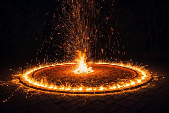 Sparkling fire pit on brick patio at nighttime with flames