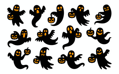 Obraz premium A collection of 12 distinct ghost silhouettes with jack o lanterns in various spooky poses on white background for halloween