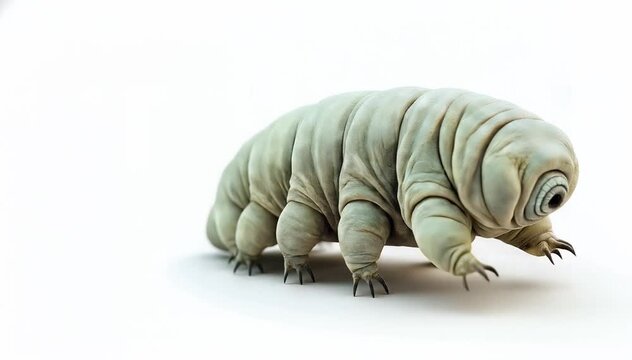 Microscopic tardigrade water bear creature moving on white background